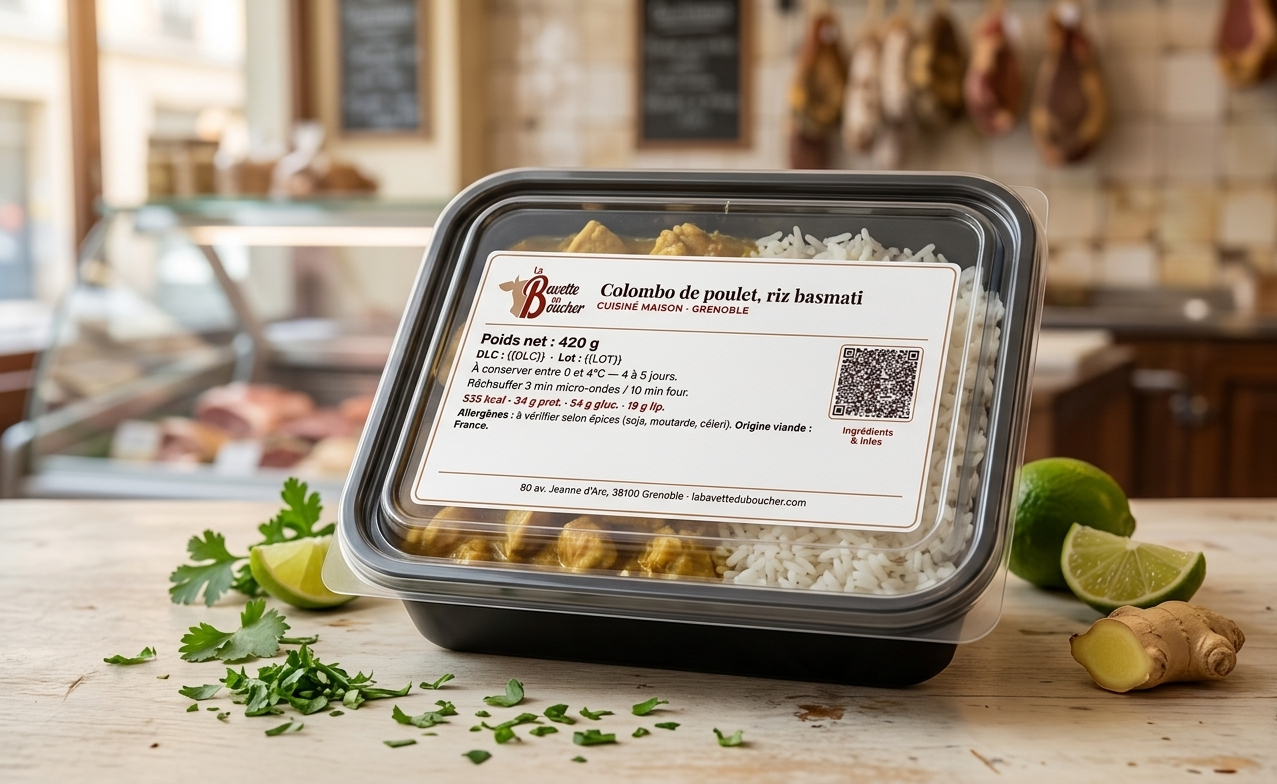 Plat préparé avec étiquette nutritionnelle, cuisiné à Grenoble par La Bavette du Boucher