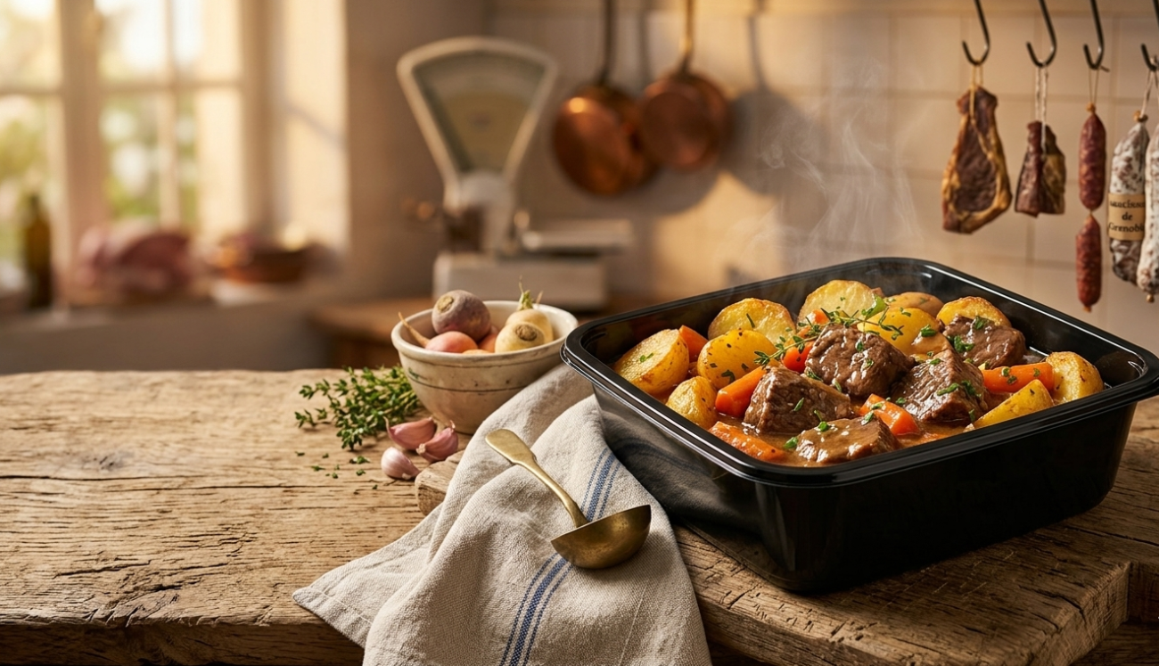 Plat de bœuf carottes maison cuisiné par un boucher à Grenoble, en barquette