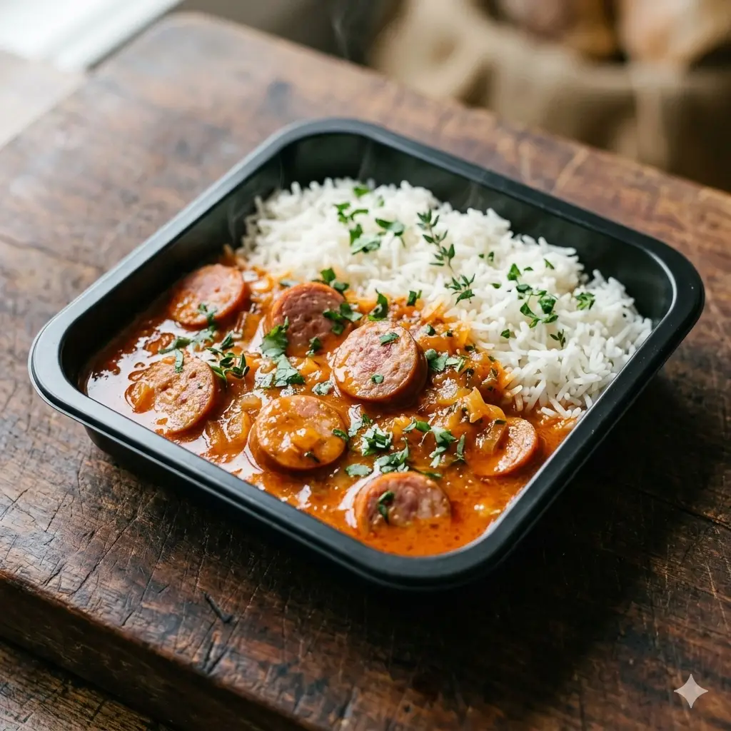 Rougail saucisse maison à Grenoble · La Bavette du Boucher Rougail saucisse maison avec saucisses fumées maison et riz basmati, cuisiné par La Bavette du Boucher à Grenoble