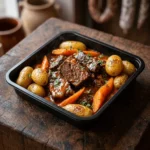 Bœuf carottes maison cuisiné par La Bavette du Boucher à Grenoble - barquette ouverte avec viande mijotée, pommes de terre grenailles et carottes