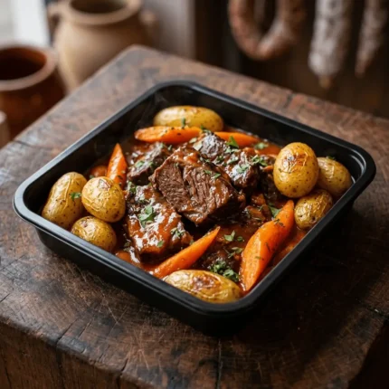 Bœuf carottes maison cuisiné par La Bavette du Boucher à Grenoble - barquette ouverte avec viande mijotée, pommes de terre grenailles et carottes