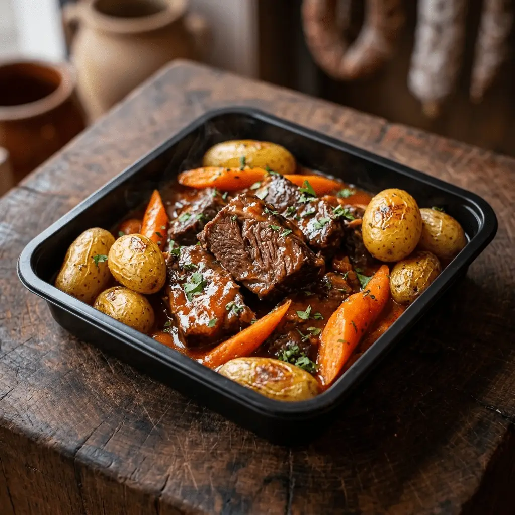 Bœuf carottes maison Bœuf carottes maison cuisiné par La Bavette du Boucher à Grenoble - barquette ouverte avec viande mijotée, pommes de terre grenailles et carottes