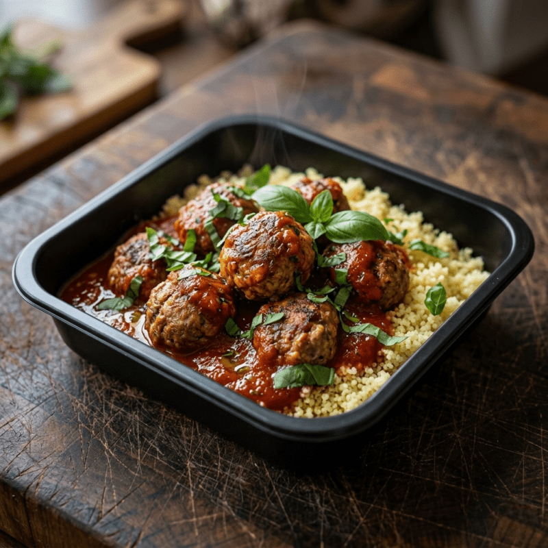 Boulettes de bœuf maison en sauce tomate avec semoule, cuisinées par La Bavette du Boucher à Grenoble