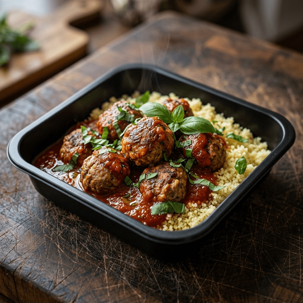 Boulettes de bœuf maison à Grenoble · La Bavette du Boucher Boulettes de bœuf maison en sauce tomate avec semoule, cuisinées par La Bavette du Boucher à Grenoble