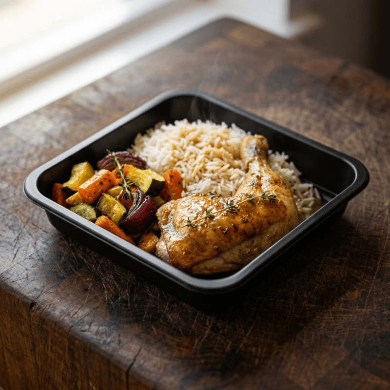 Poulet rôti maison au thym avec riz basmati et légumes, cuisiné par La Bavette du Boucher à Grenoble